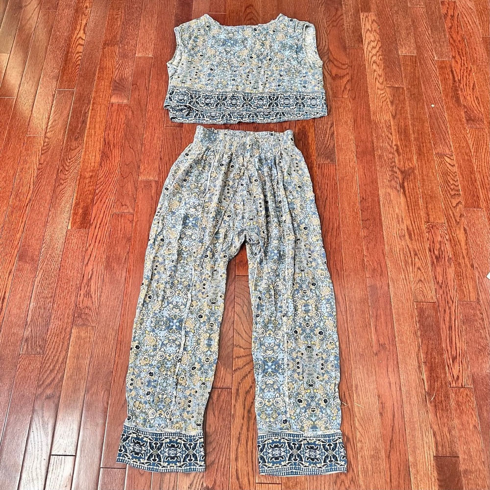 Free People Make My Day Printed Boarder Trim Matching Pant‎ Crop Top Set XS